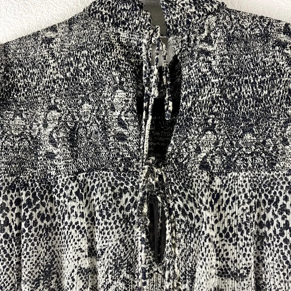 Free People RomaTop Womens Medium Snake Print‎ Smocked Sheer Puff Sleeve Ruffle